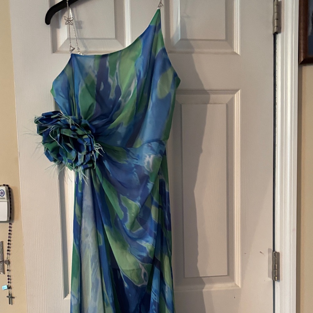 Blue and Green One-Shoulder Dress
